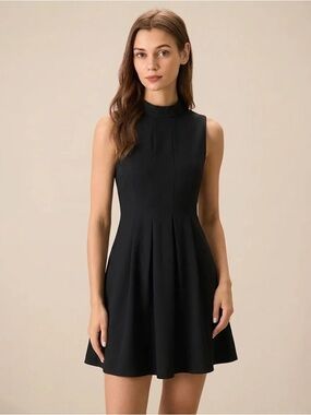 Black Mock Neck Ruched Sleeveless Mini Dress